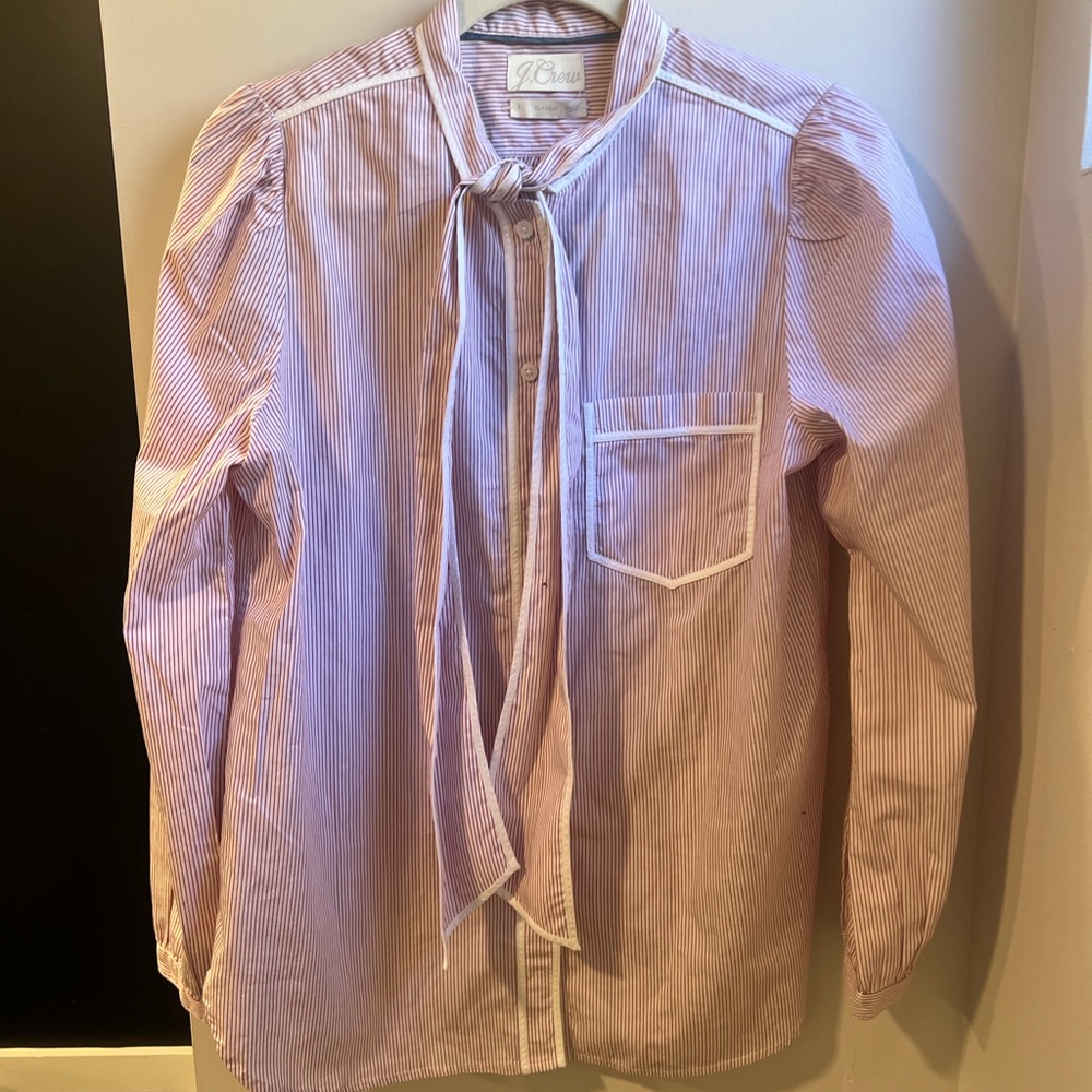 J. Crew Classic Pink Striped Long Sleeve Blouse with tie neck